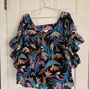 Terra & Sky Black Tropical Floral Ruffle Sleeve Blouse